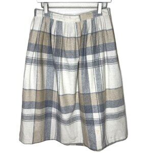 Vintage 80s White & Tan Plaid Wool-Blend Midi-Length Pleated Skirt, Size 13-14